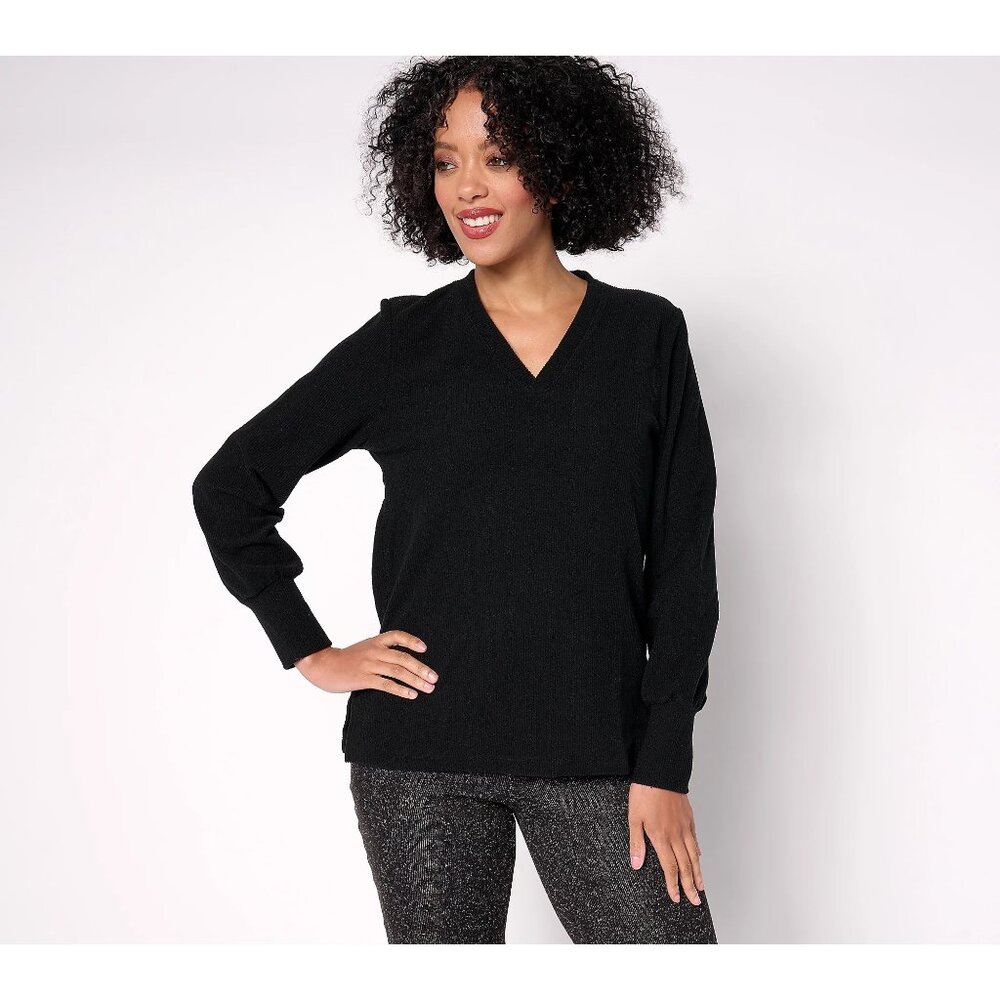 Cuddl Duds Ribbed Fleece V Neck Pullover Size Large Long Sleeve Solid Black Cozy